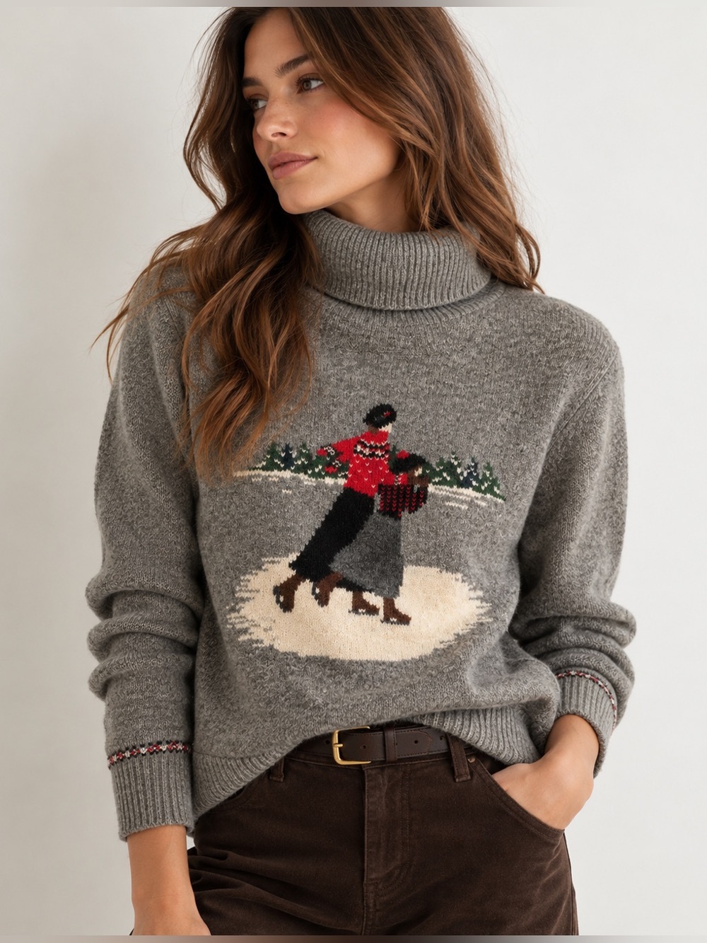 Vintage TABI Ice Skater Winter Scene Turtleneck Sweater M